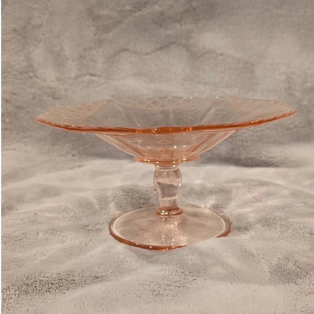 Vintage Pink Depression Etched Glass‎ Footed Compote Candy Dish Pedestal Bowl